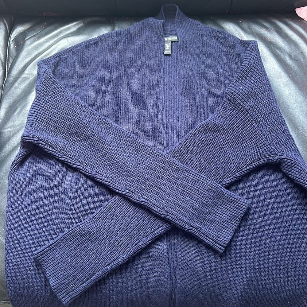 Ellen Fisher Navy Ribbed Women's Open Front Sweater XXS- organic cotton